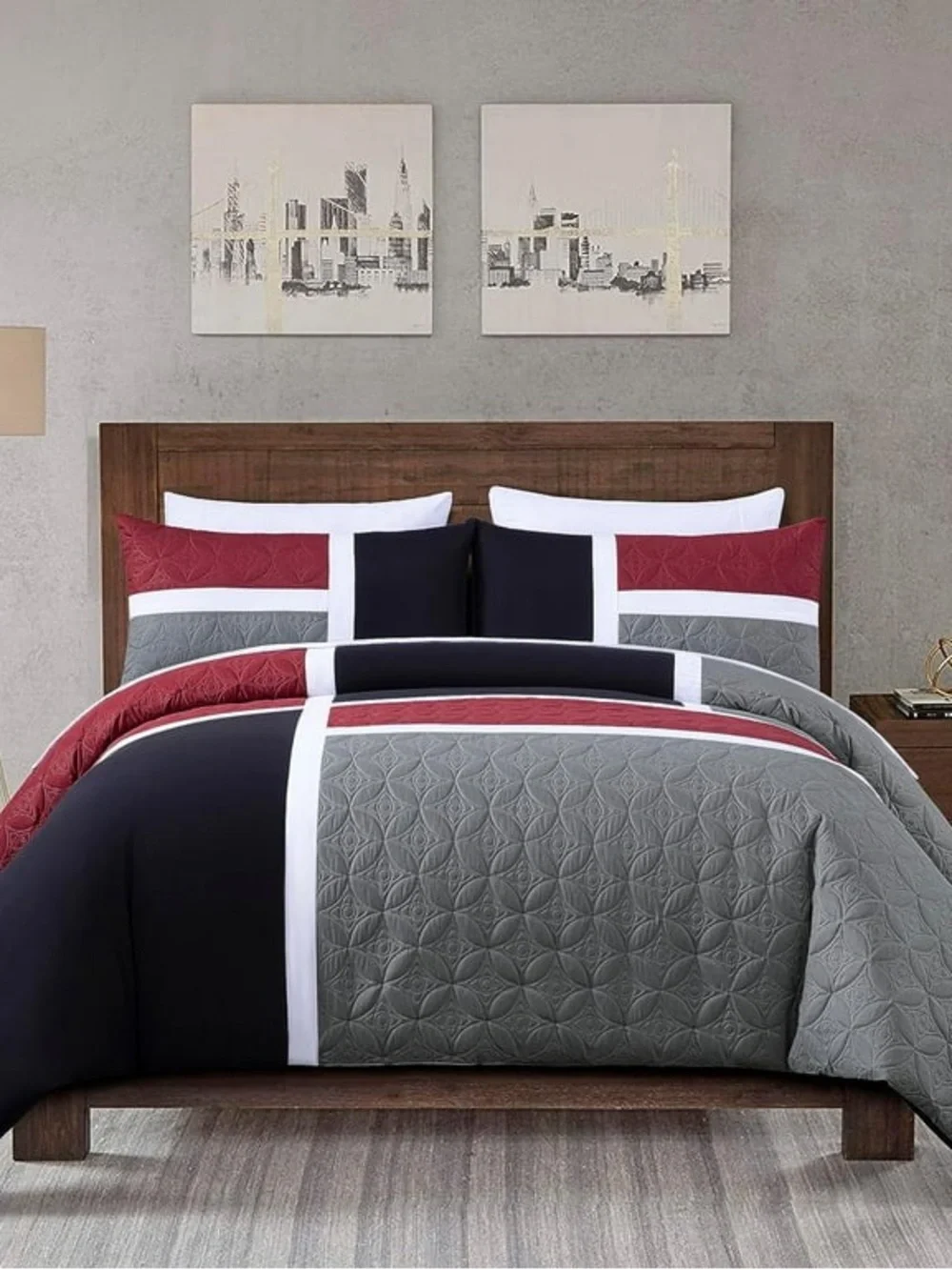 Modern Geometric Comforter Set in Black, Gray & Burgundy - Unbranded